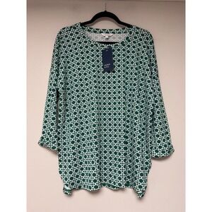 Crown Ivy Green White Geometric‎ Print Long Sleeve Tunic Top Shirt Size M